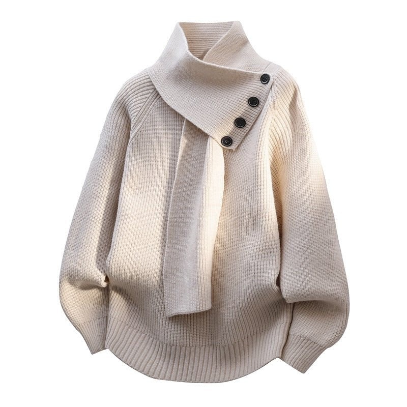 Knit Scarf-Neck Sweater Button Detail Ribbed - Beige