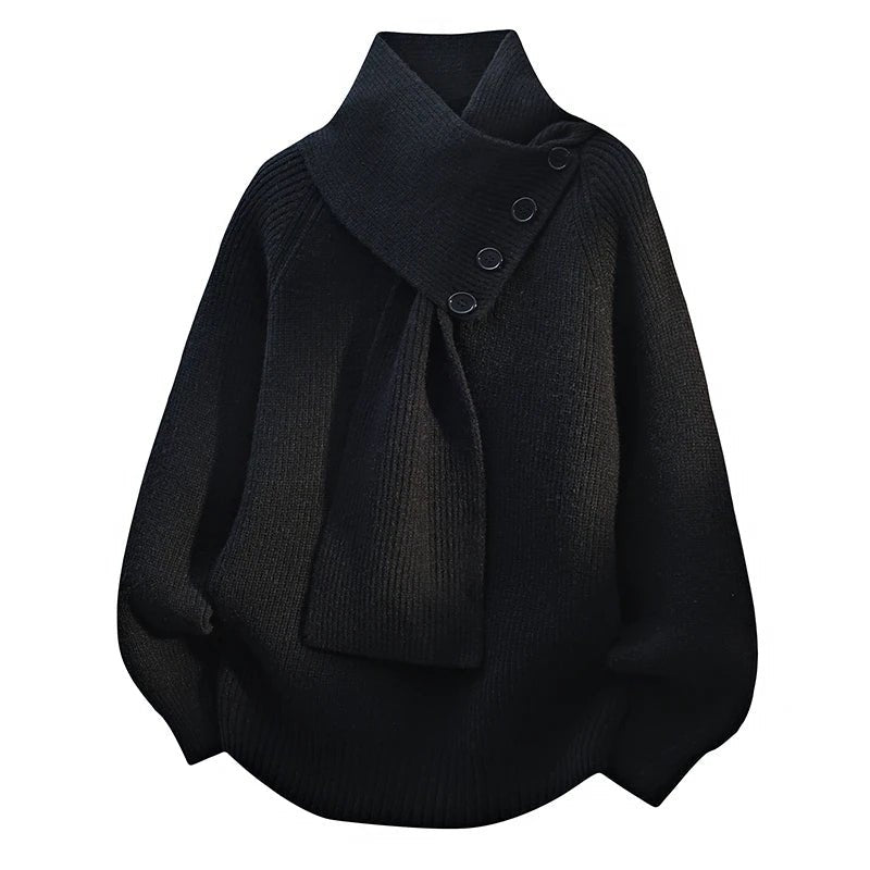 Knit Scarf-Neck Sweater Button Detail Ribbed - Black