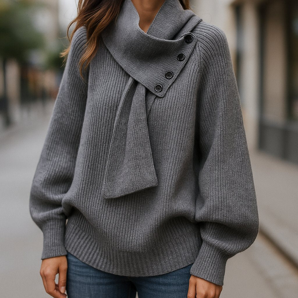 Knit Scarf-Neck Sweater Button Detail Ribbed