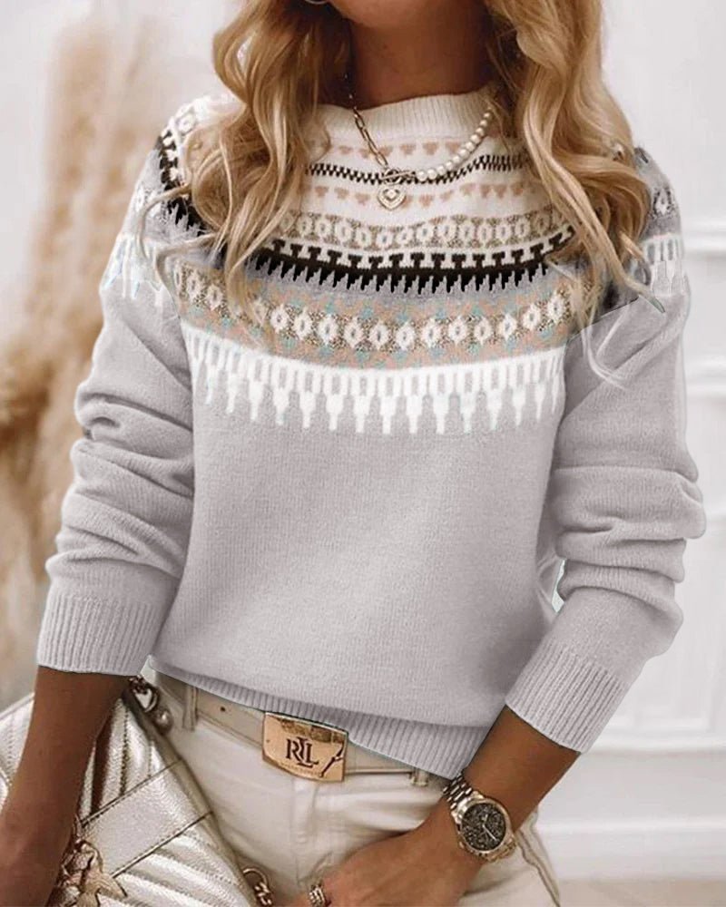 Knit Sweater Fair Isle Pattern Crew Neck Long Sleeve - Grey