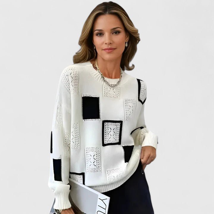 Knit Sweater Geometric Pattern Round Neck Long Sleeve - White