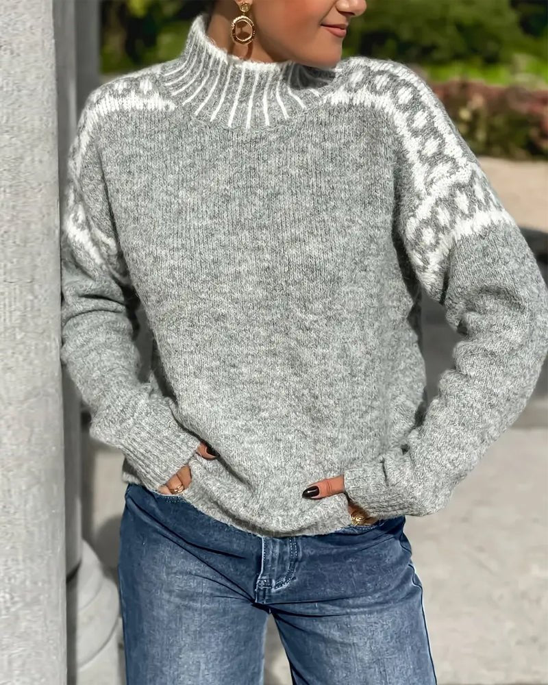 Knit Sweater Turtleneck Chunky Cable Waffle Texture - Gray