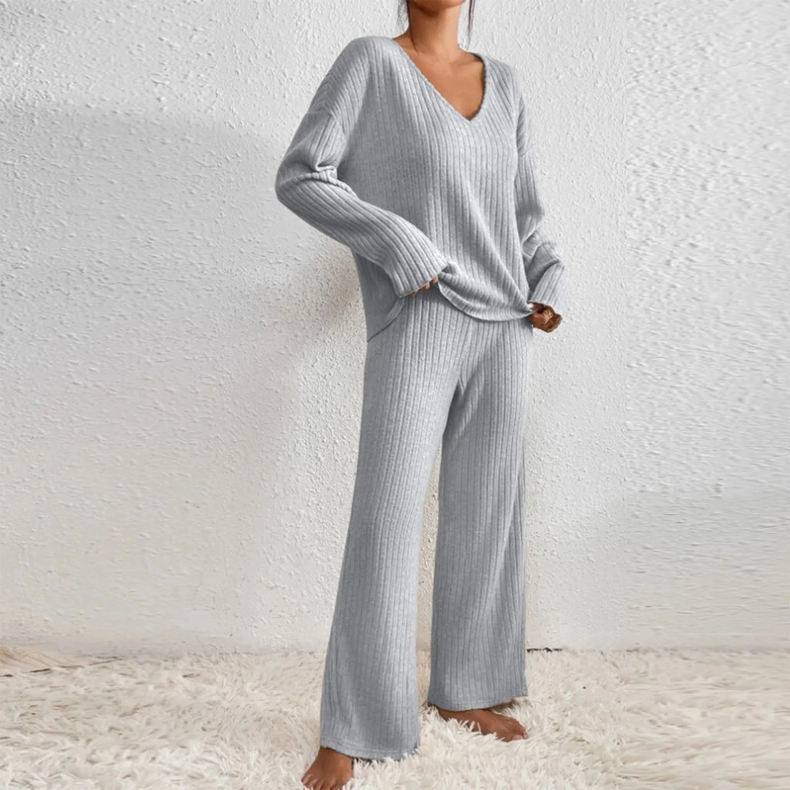 Knit Two-Piece Set V-Neck Ribbed Loungewear - Gray