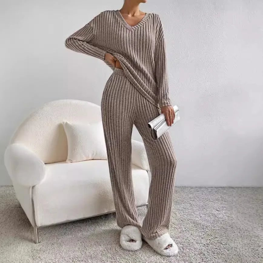 Knit Two-Piece Set V-Neck Ribbed Loungewear - Light brown