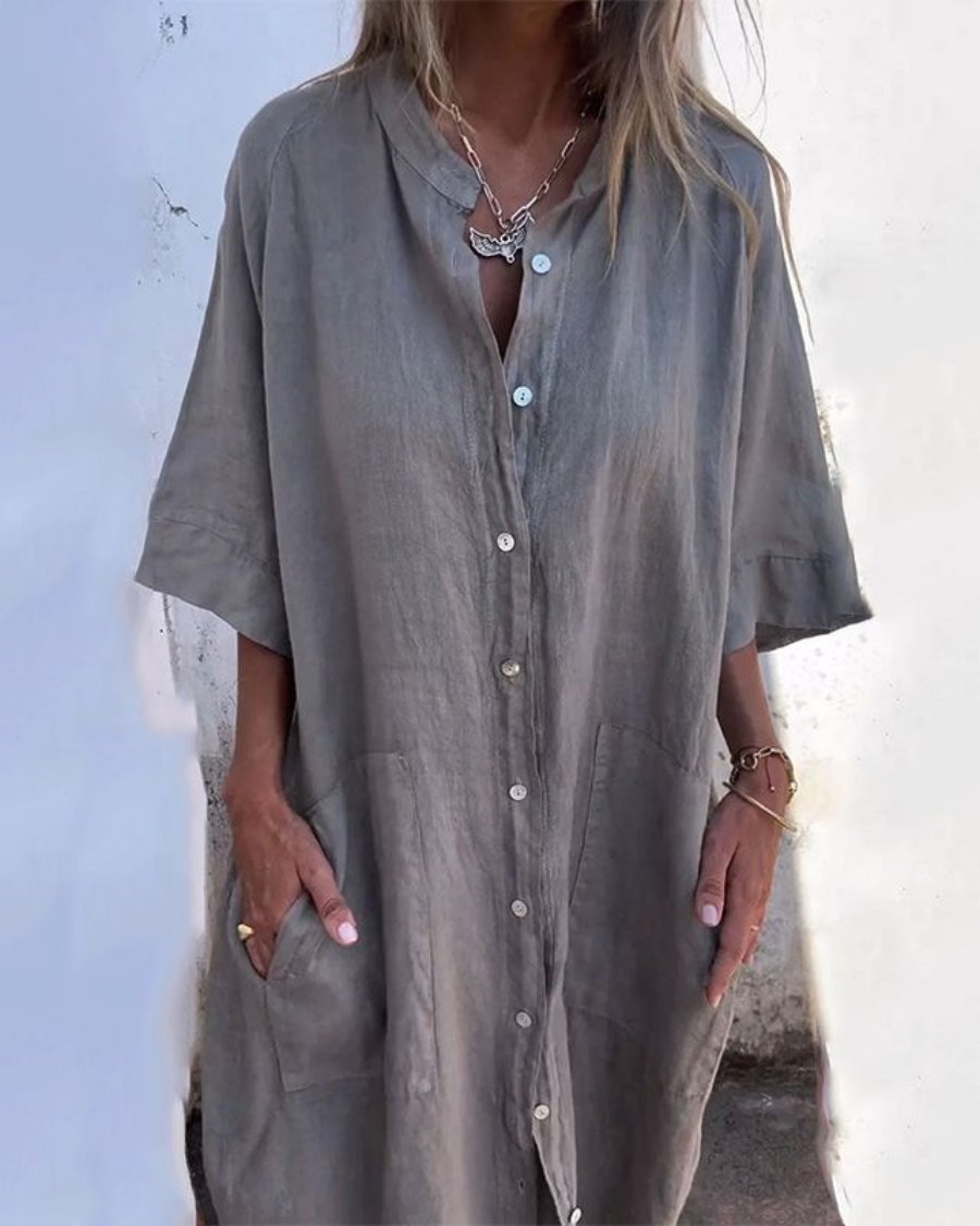 Linen Shirt Dress Button Front Relaxed Fit Bohemian - Grey