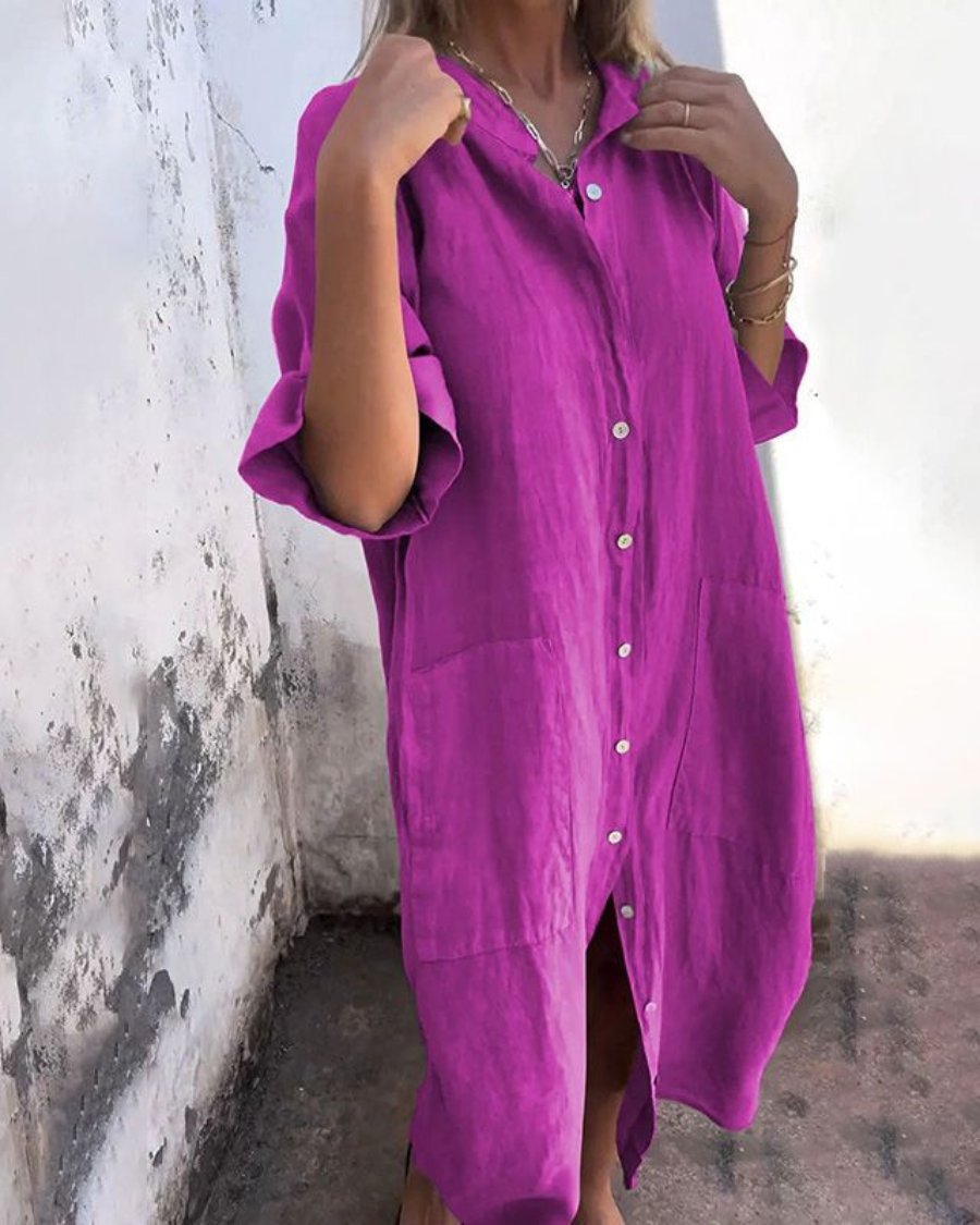 Linen Shirt Dress Button Front Relaxed Fit Bohemian - Purple