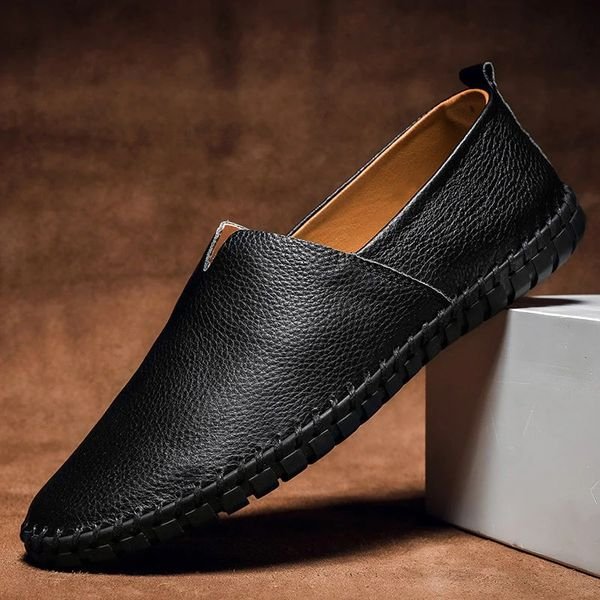 Loafers Men's Leather Slip-On Hand-Stitched Comfort - Black