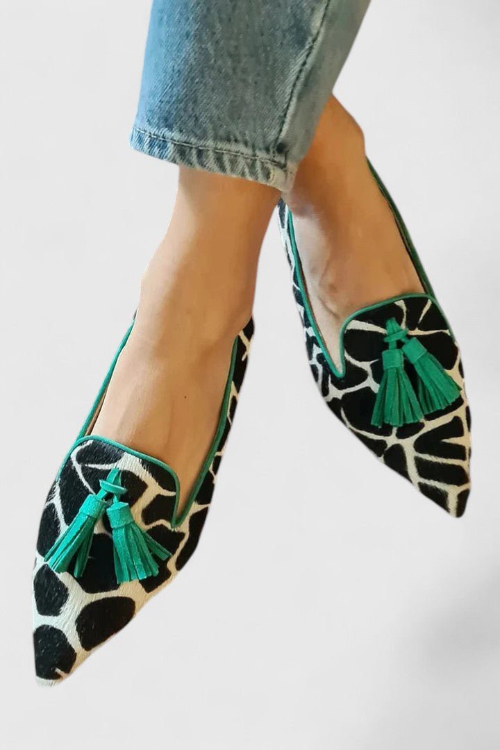 Loafers Pointed Toe Leopard Print Tassel Slip-On Flats - Green