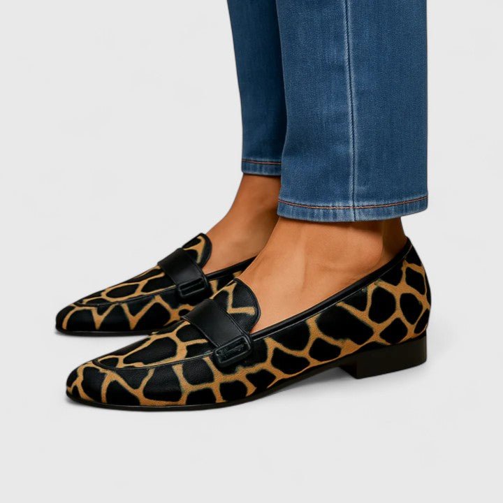 Loafers Women Slip-On Giraffe Print Strap Detail - Black and Gold