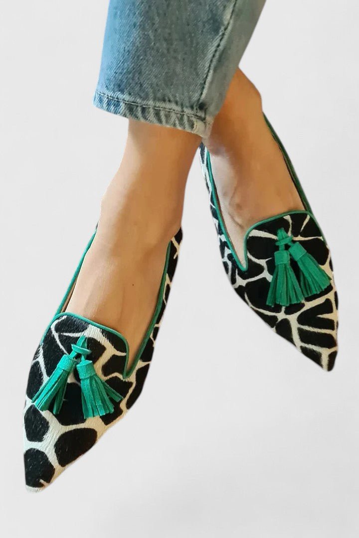 Loafers Women's Pointed Toe Tassel Slip-On Animal Print - Green