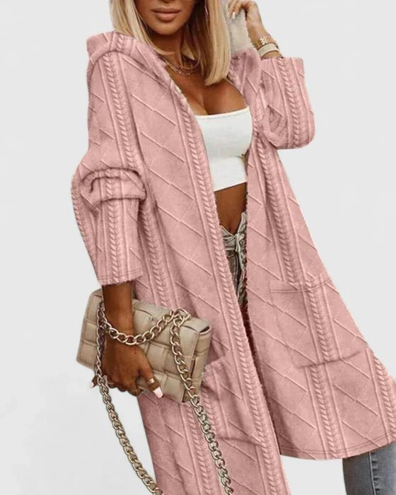 Long Hooded Cardigan Cable Knit Women's Open Front - Pink