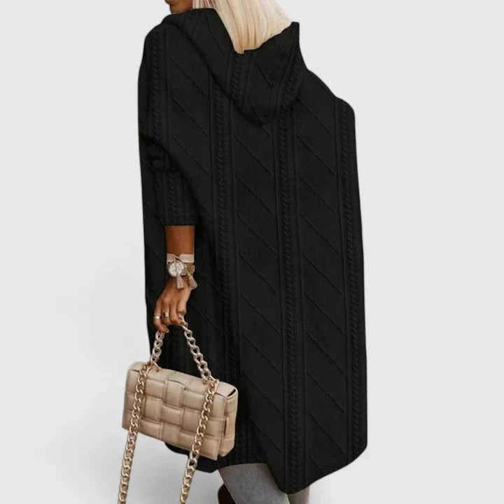 Long Hooded Cardigan Cable Knit Women's Open Front - Black