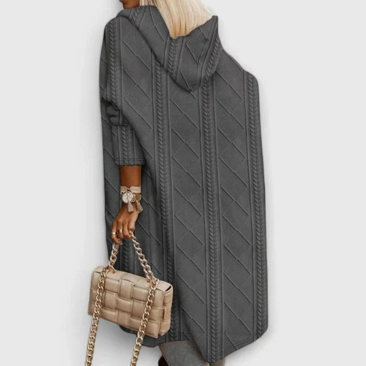 Long Hooded Cardigan Cable Knit Women's Open Front - Gray