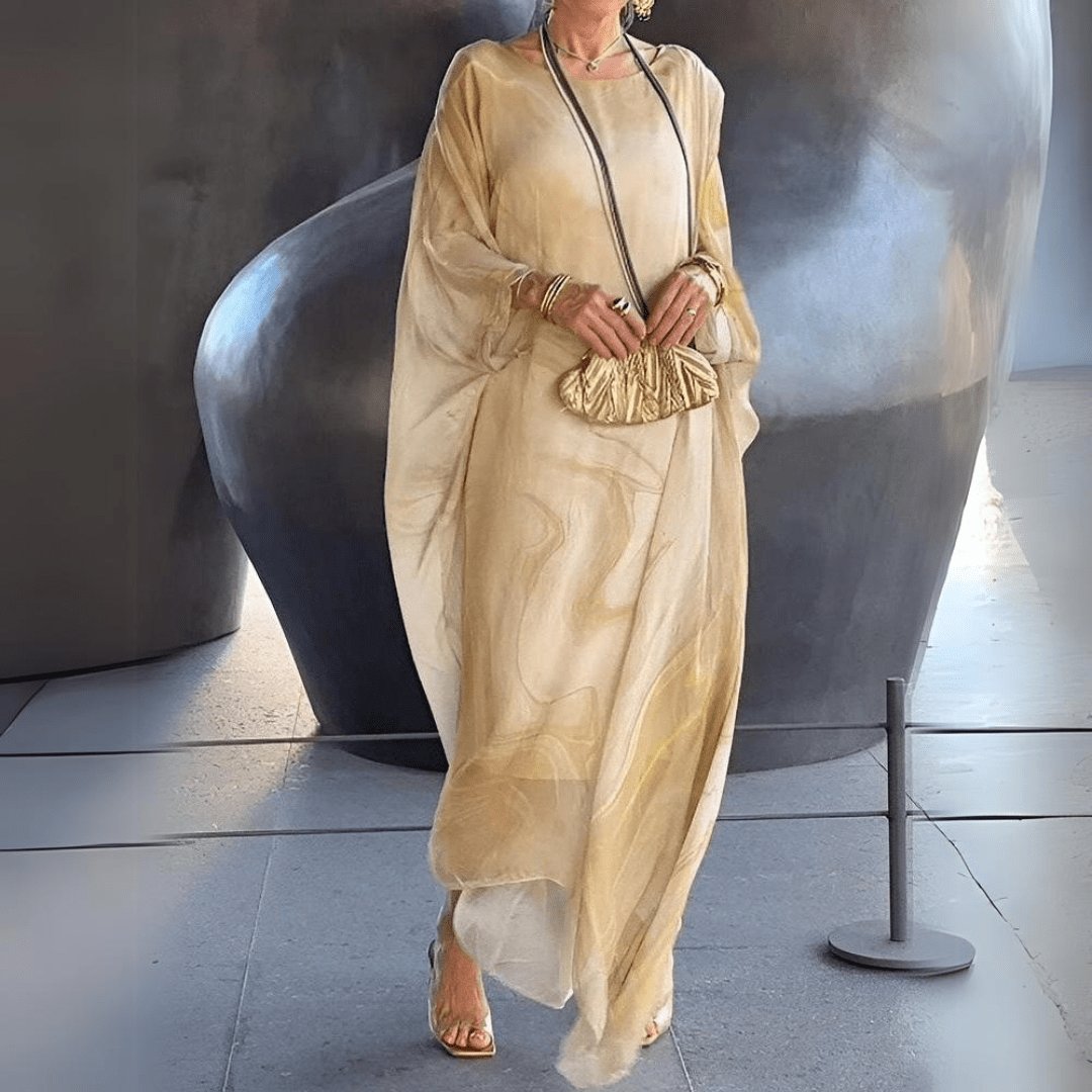 Maxi Caftan Dress Luxe Chiffon Flowing Batwing Sleeves - Yellow