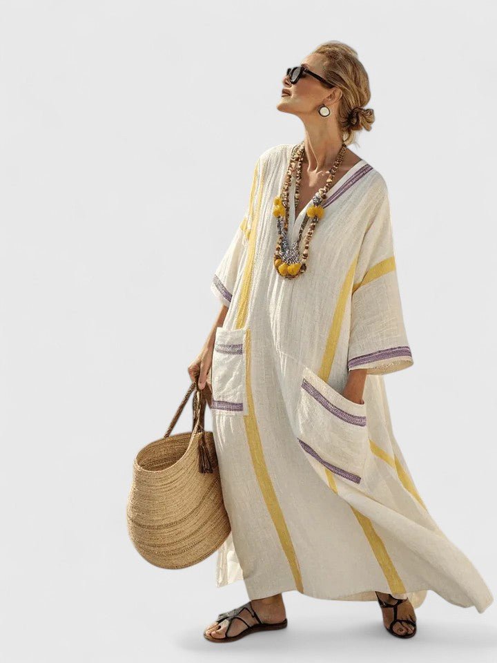 Maxi Kaftan Dress V-Neck Striped Bohemian Relaxed Fit - Beige Yellow