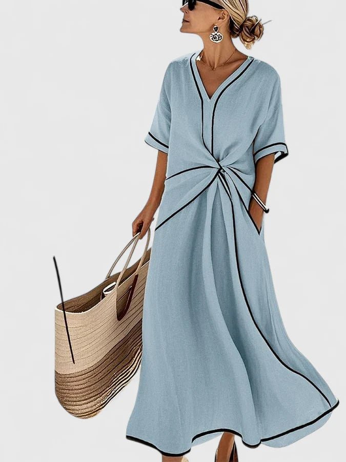 Maxi Wrap Dress V-Neck Twist Front Lightweight Summer - Blue