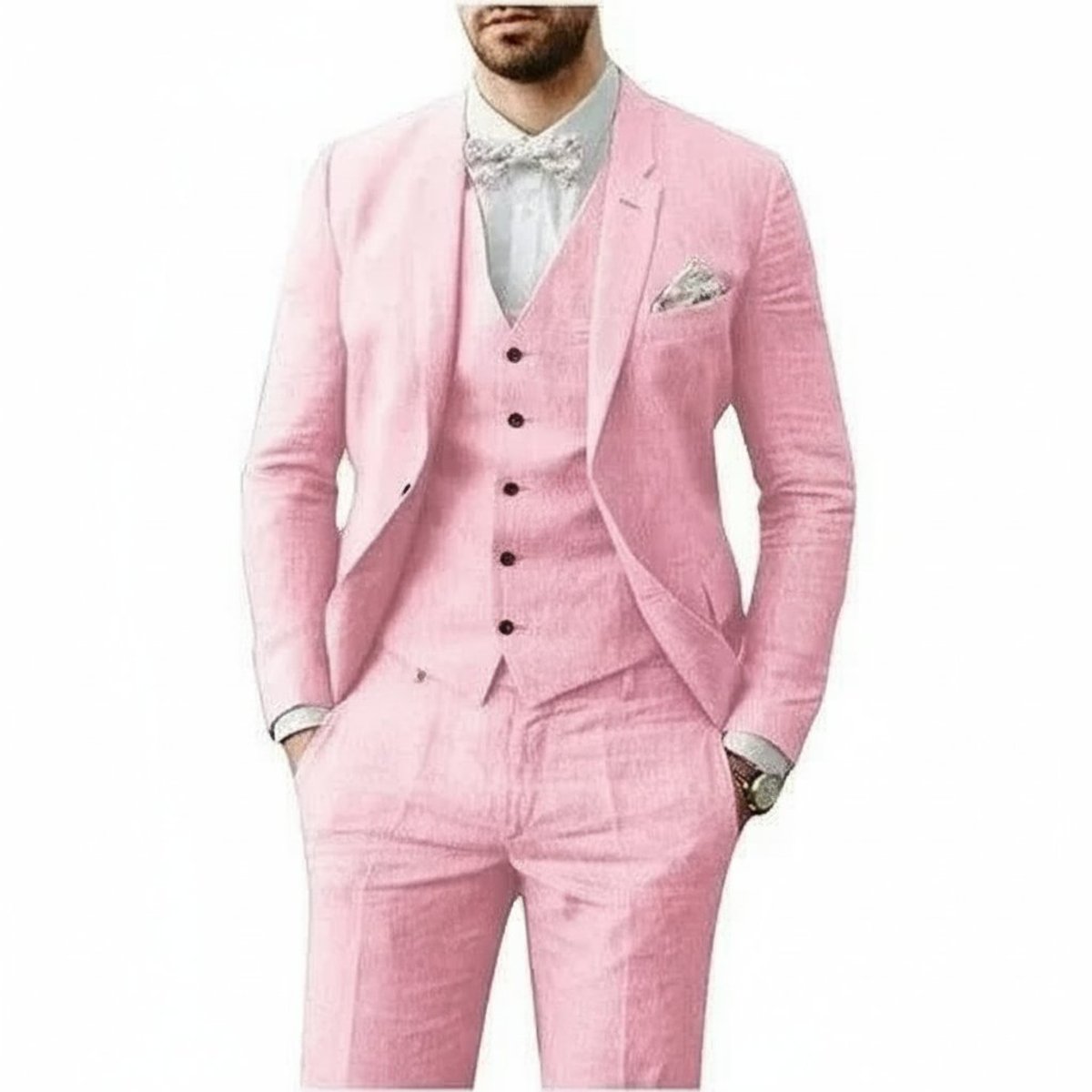 Men's 3-Piece Tailored-Fit Linen Wedding Guest Suit - Pink
