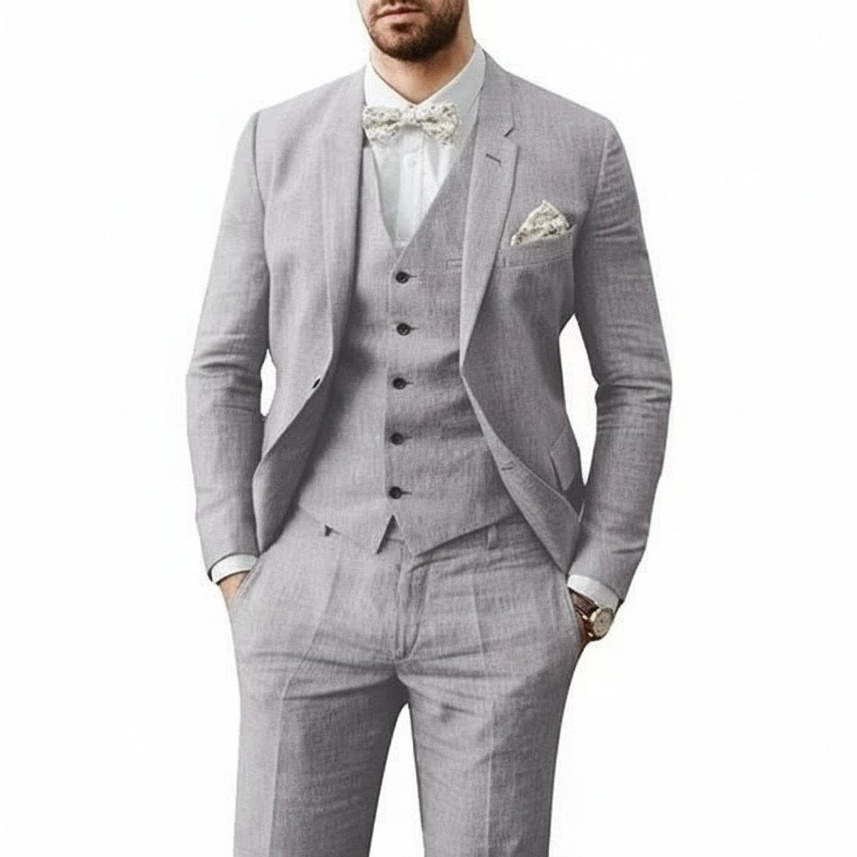 Men's 3-Piece Tailored-Fit Linen Wedding Guest Suit - Gray