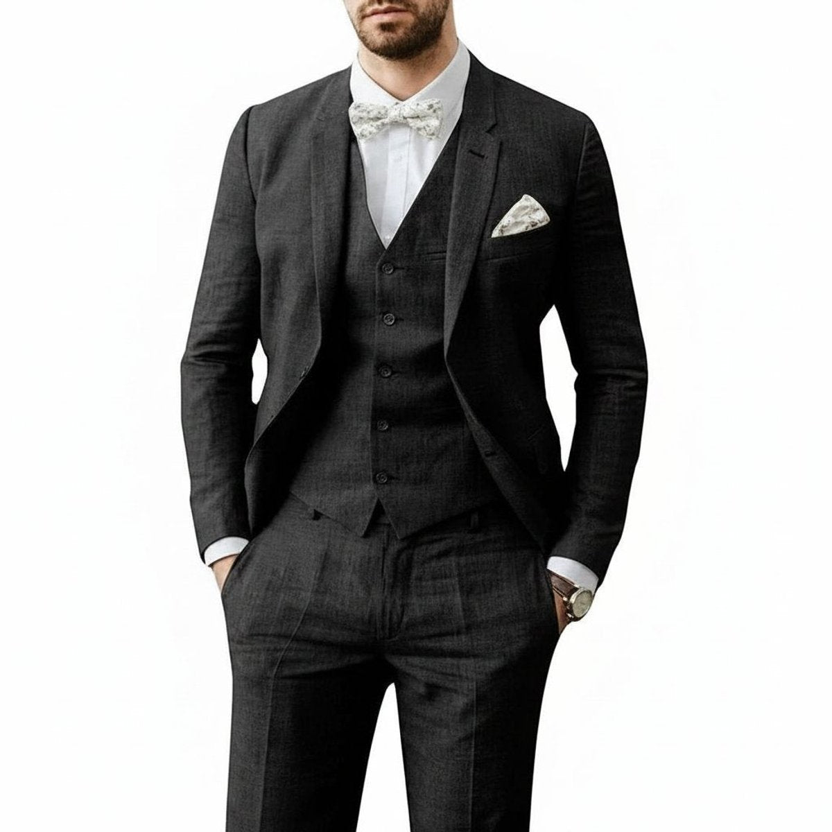 Men's 3-Piece Tailored-Fit Linen Wedding Guest Suit - Black