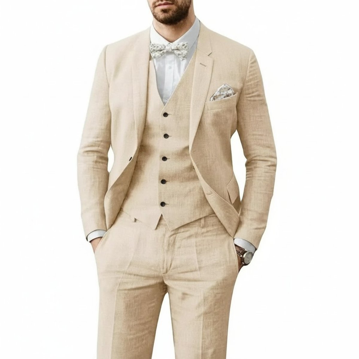 Men's 3-Piece Tailored-Fit Linen Wedding Guest Suit - Beige