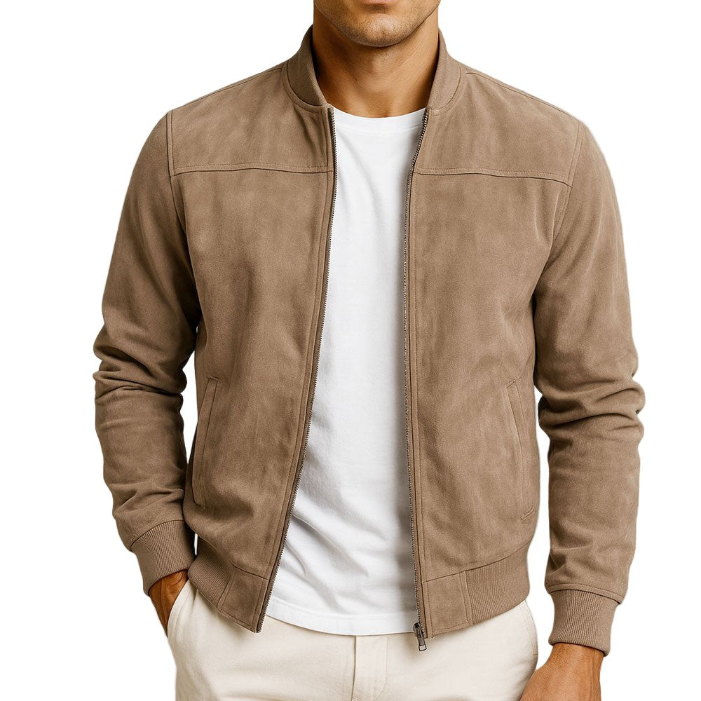 Men's Bomber Jacket Zip Up Ribbed Cuffs Casual - Brown