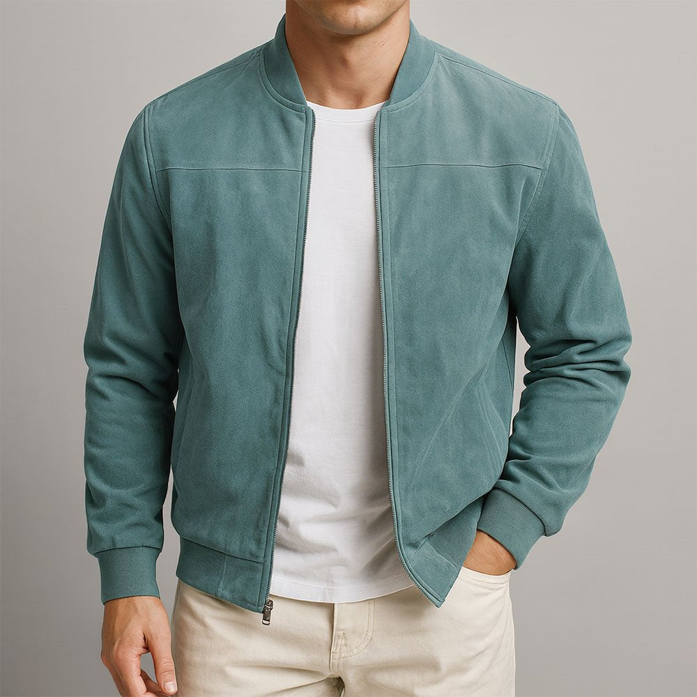 Men's Bomber Jacket Zip Up Ribbed Cuffs Casual - Blue