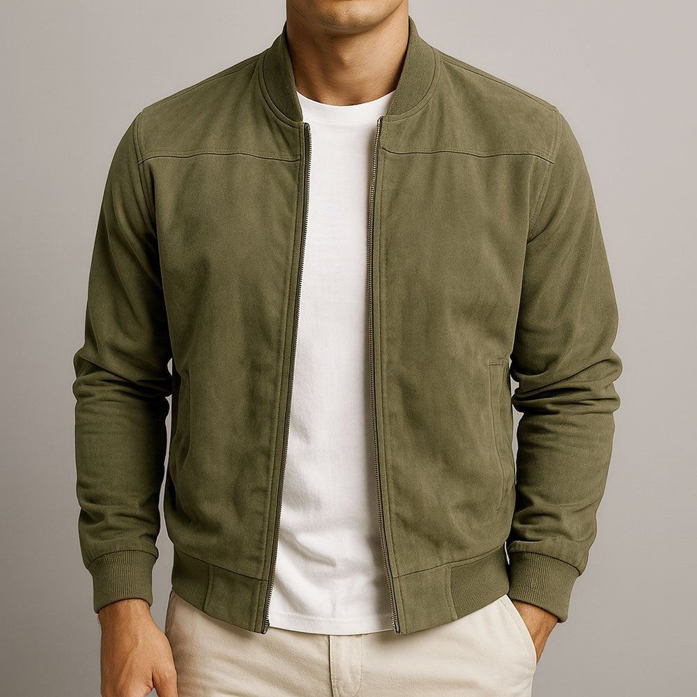 Men's Bomber Jacket Zip Up Ribbed Cuffs Casual - Green