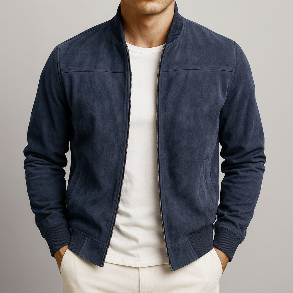 Men's Bomber Jacket Zip Up Ribbed Cuffs Casual - Dark blue