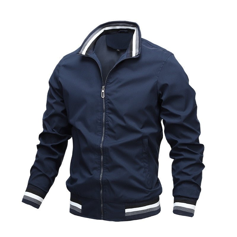 Men's Bomber Jacket Zip Up Ribbed Trim Classic Fit - Dark Blue