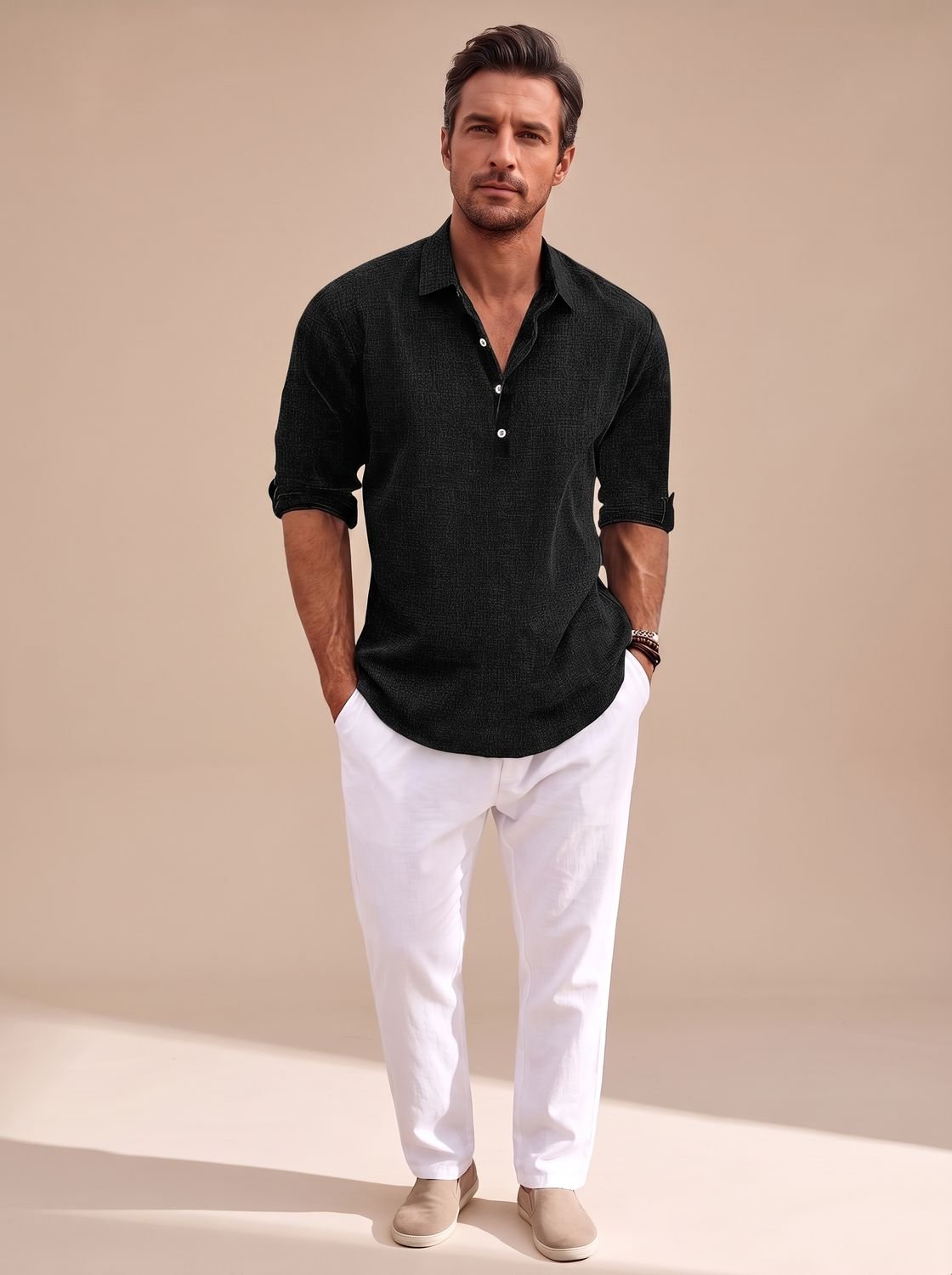 Men's Classic-Fit Long-Sleeve Linen Henley Polo Shirt - Black
