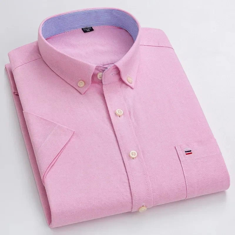 Men's Cotton Button-Up Shirt Striped Short Sleeve - Pink
