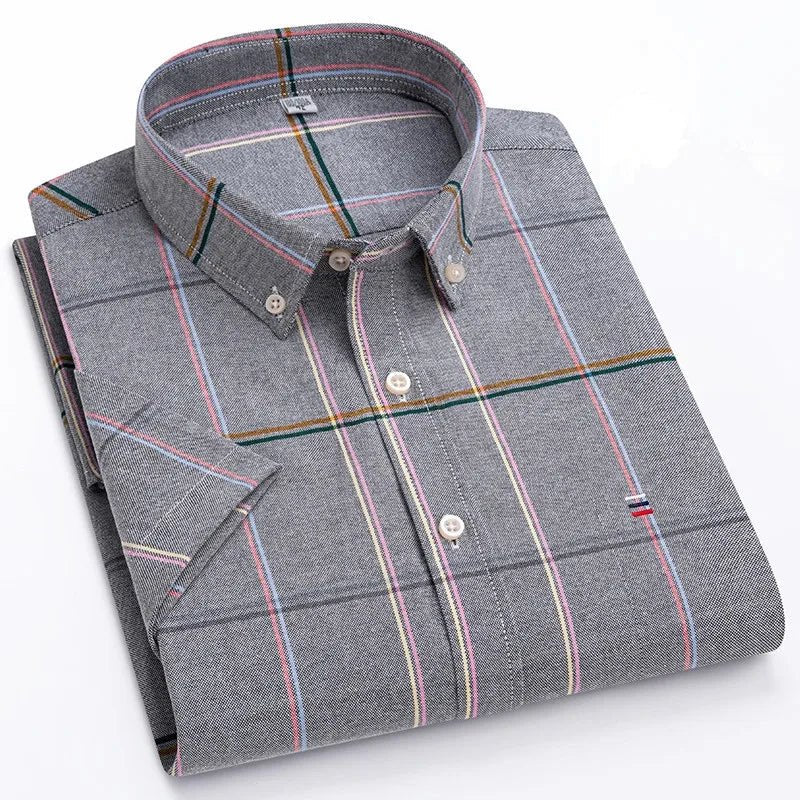 Men's Cotton Button-Up Shirt Striped Short Sleeve - Dark gray