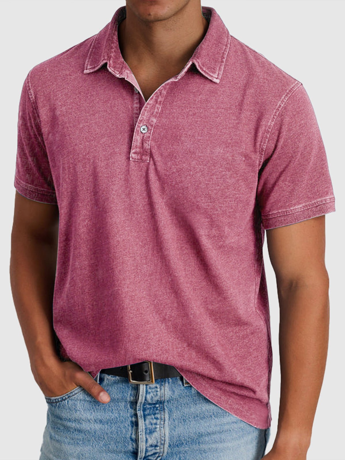 Men's Cotton-Denim Short Sleeve Regular-Fit Polo - Pink