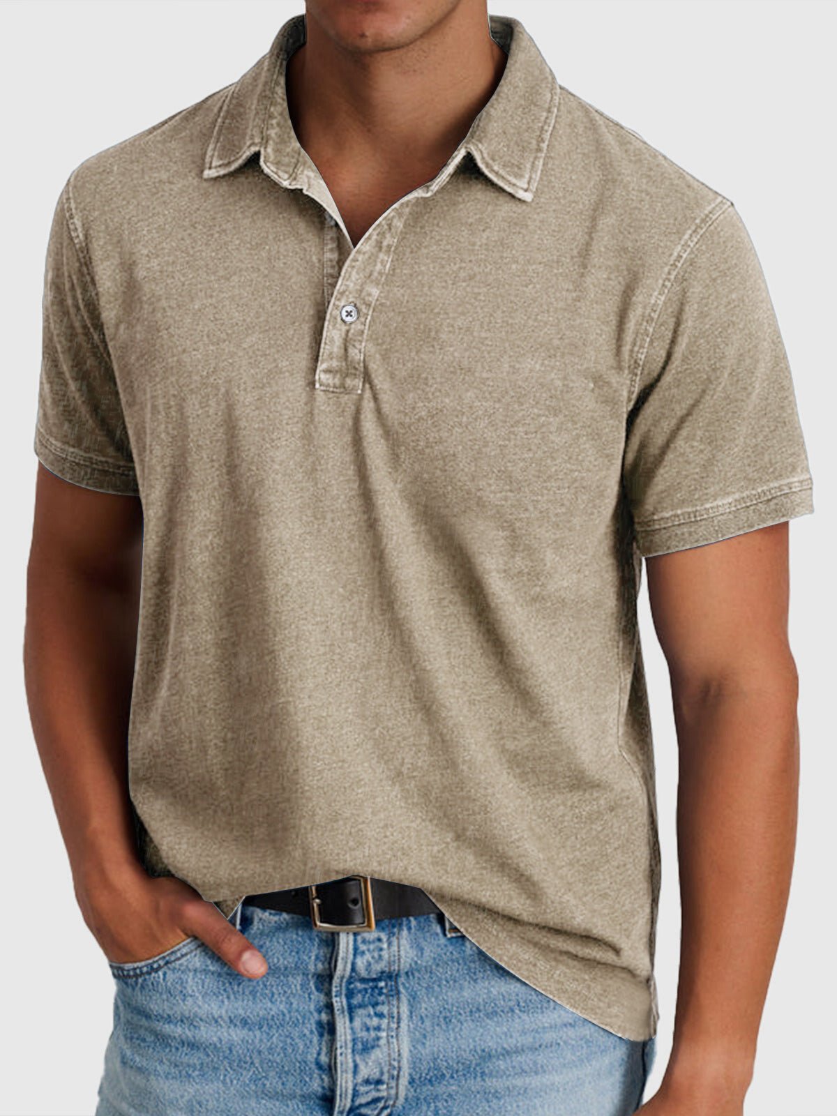 Men's Cotton-Denim Short Sleeve Regular-Fit Polo - Khaki