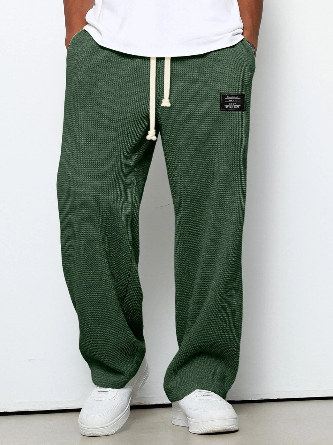 Men's Cotton Drawstring Pants Relaxed Wide Leg Casual - Dark Green