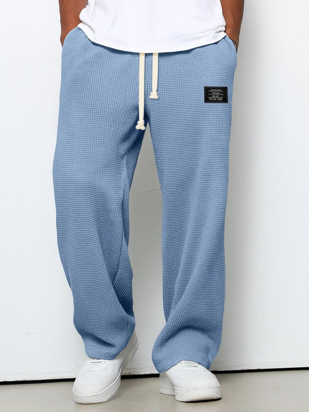 Men's Cotton Drawstring Pants Relaxed Wide Leg Casual - Sky Blue