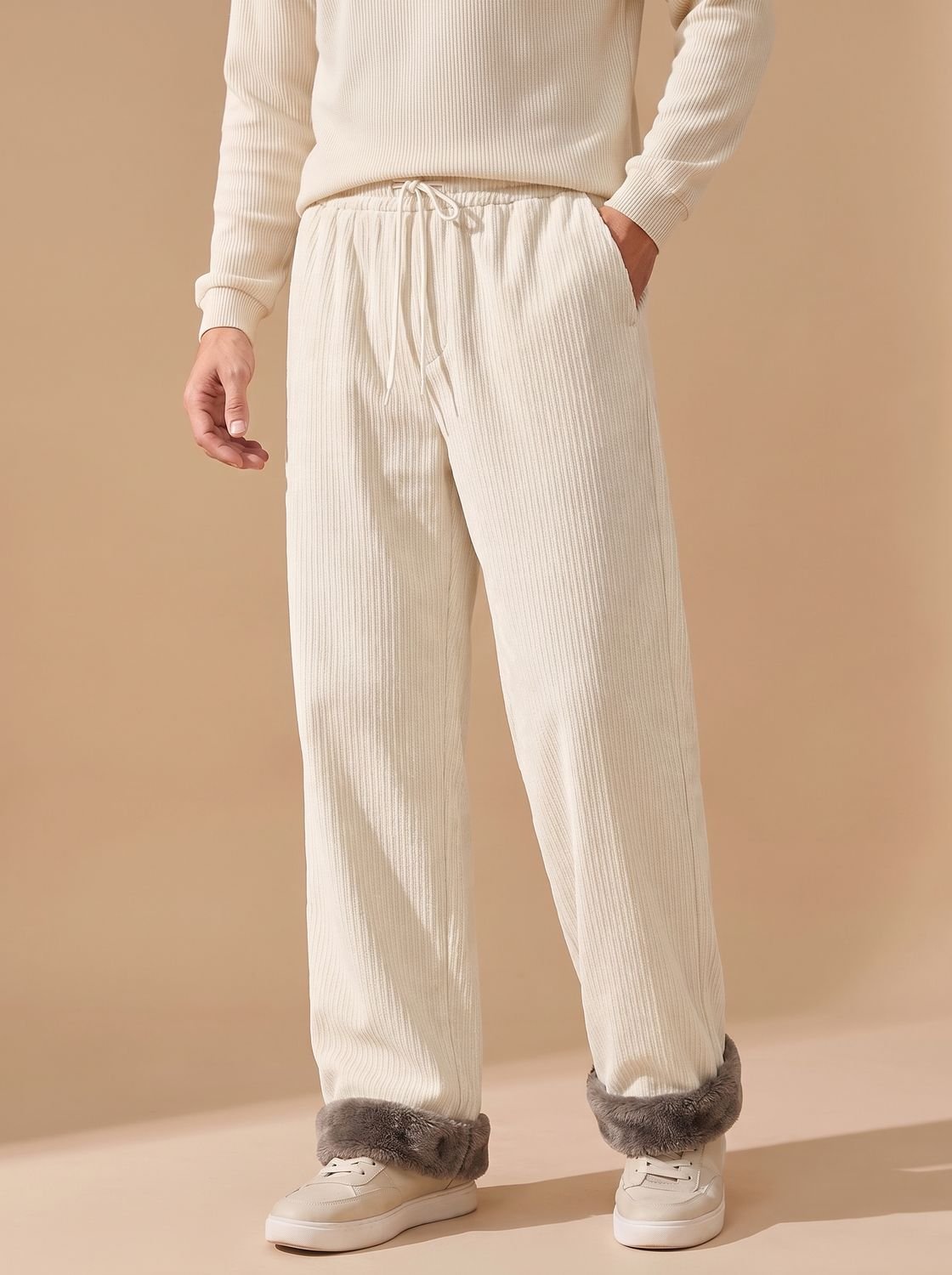 Men's Fleece-Lined Corduroy Wide-Leg Drawstring Pants - Apricot