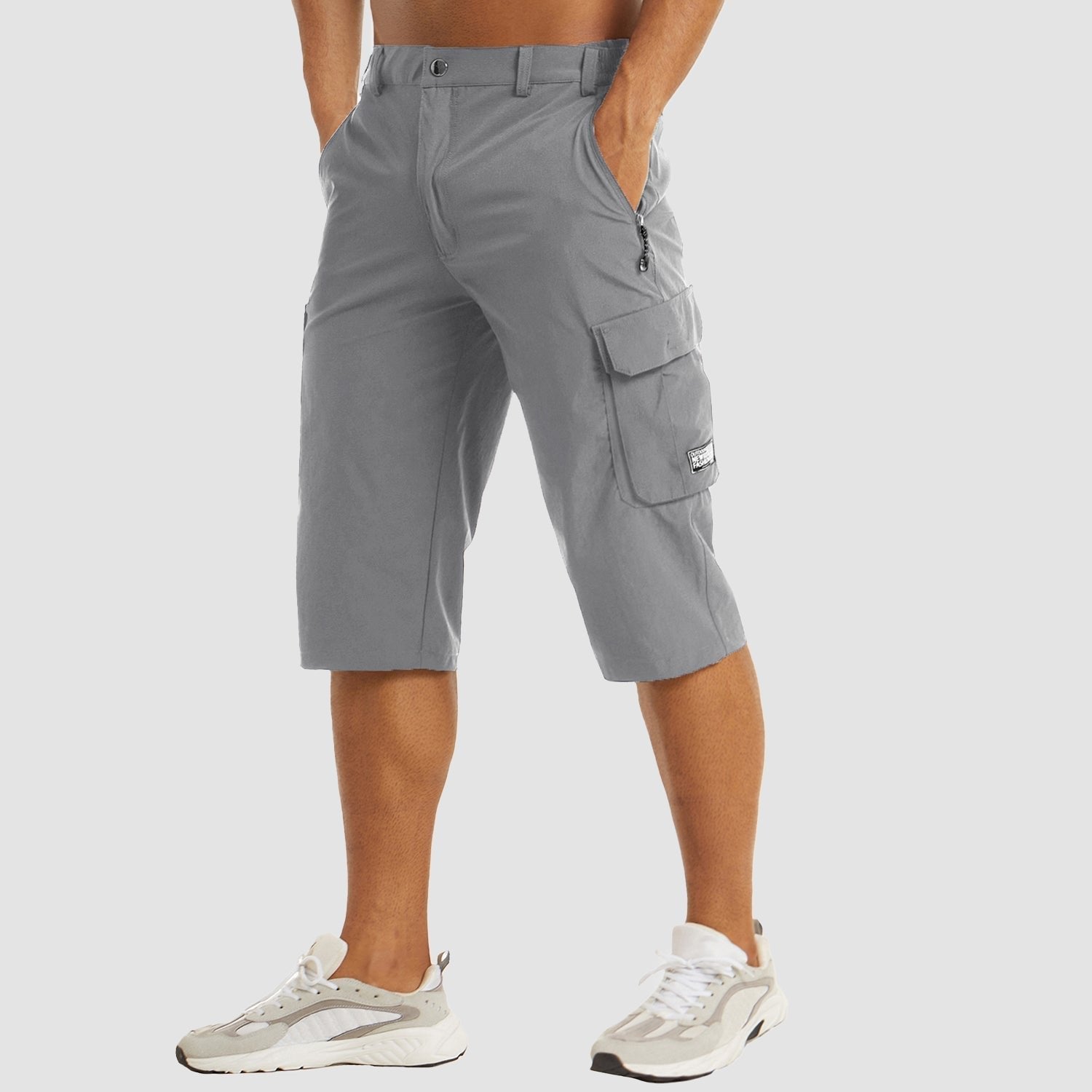 Men's Knee-Length Cargo Shorts with Multiple Pockets - Light Gray