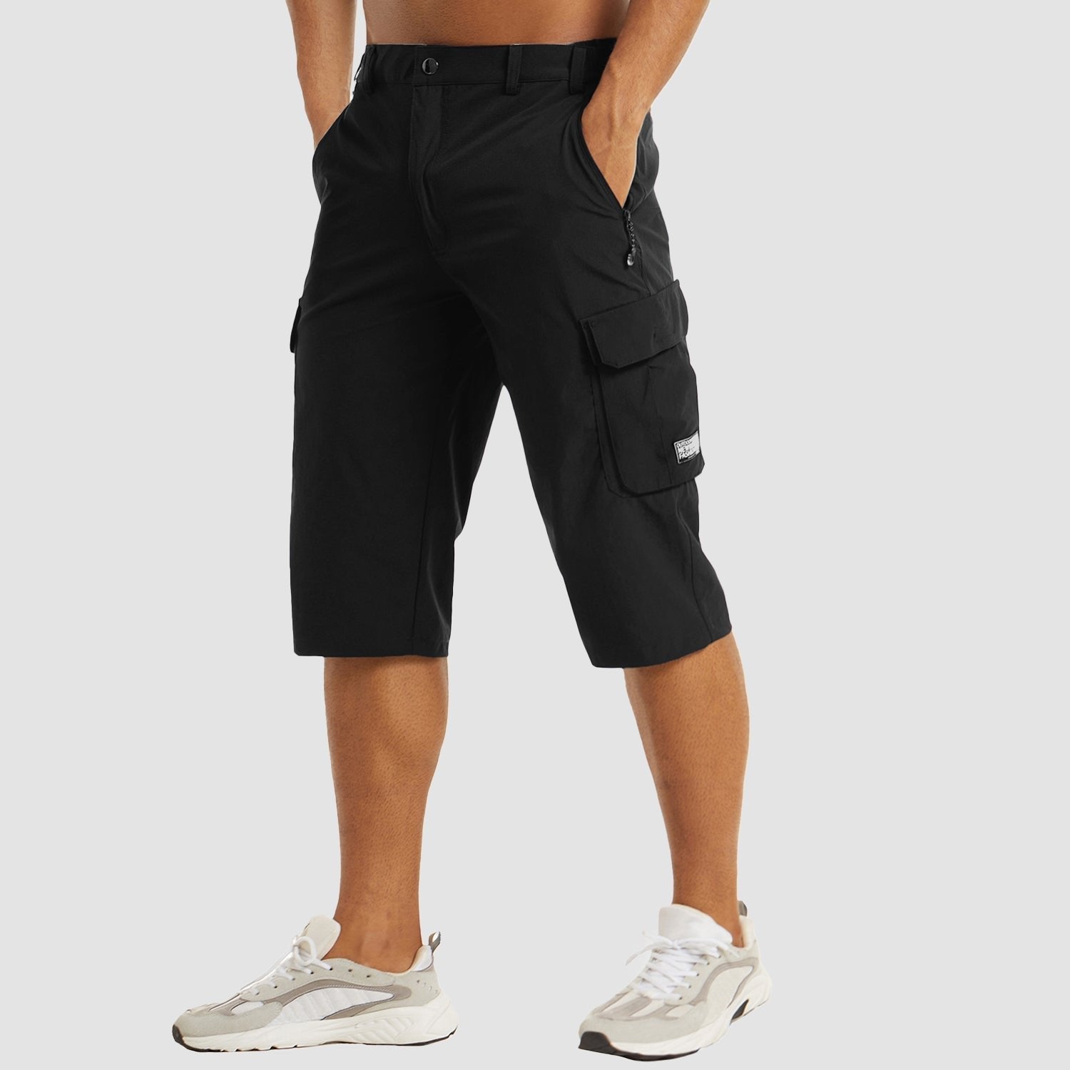 Men's Knee-Length Cargo Shorts with Multiple Pockets - Black