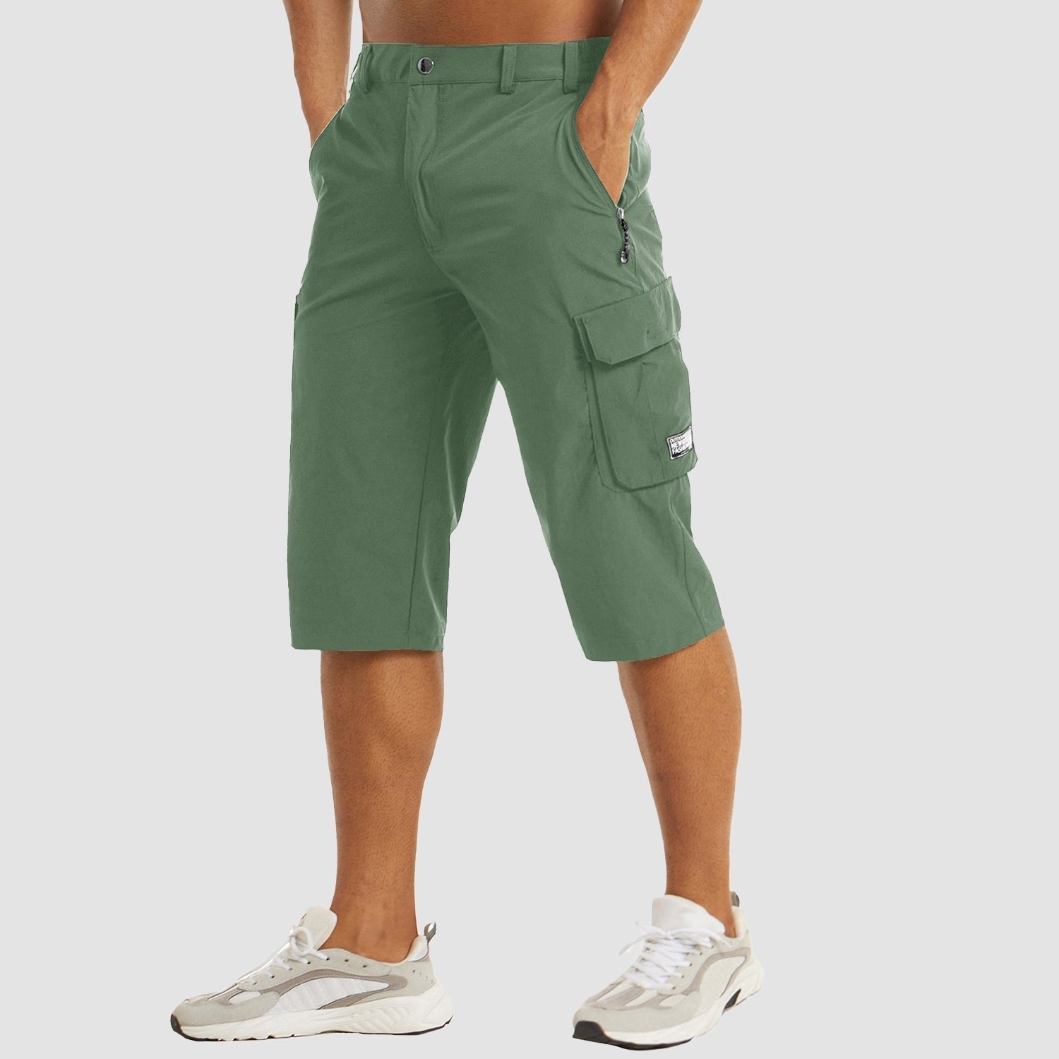 Men's Knee-Length Cargo Shorts with Multiple Pockets - Green