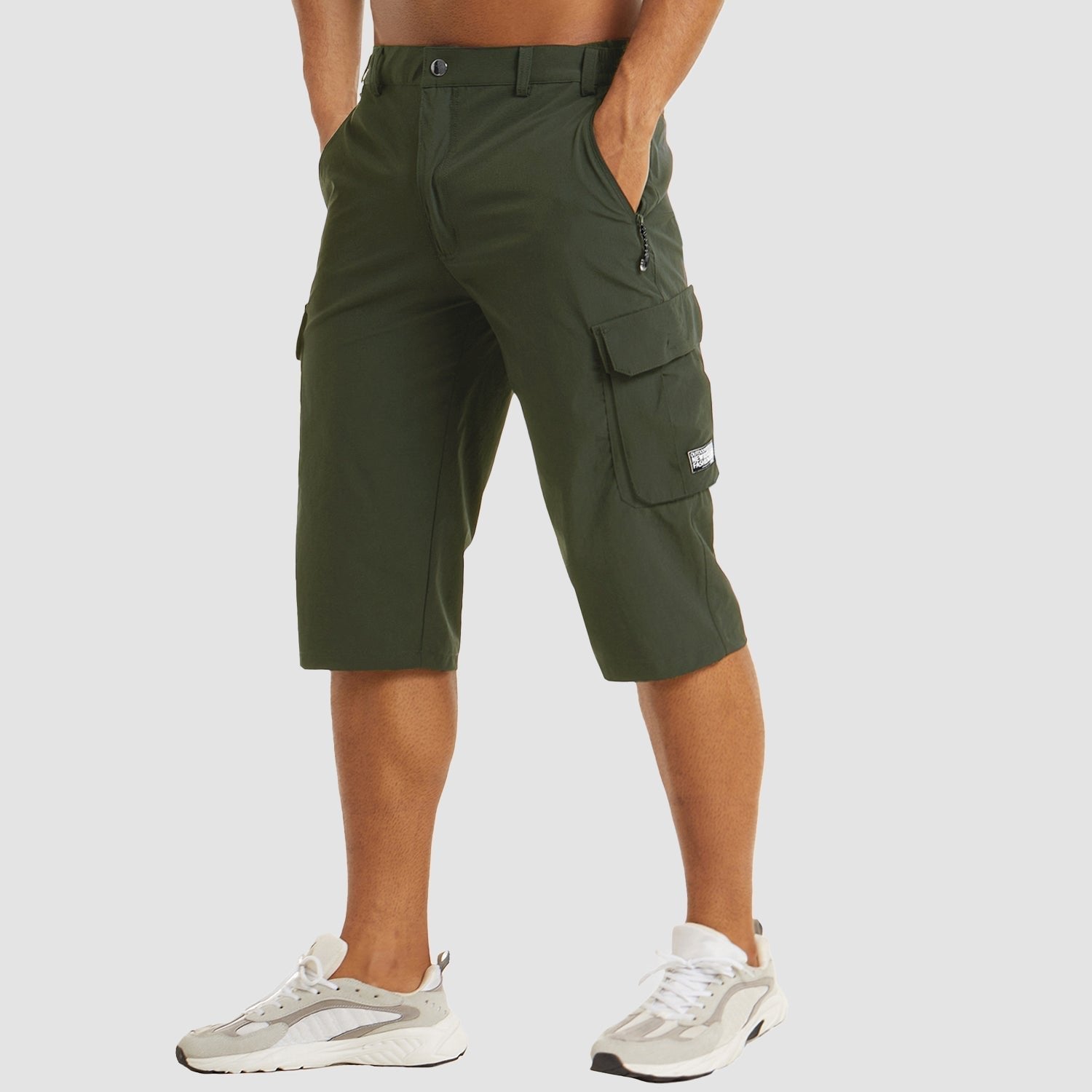 Men's Knee-Length Cargo Shorts with Multiple Pockets - Dark Green
