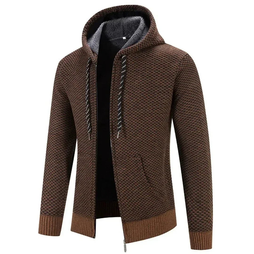 Men's Knit Hoodie Zip-Up Textured Casual Jumper - Brown
