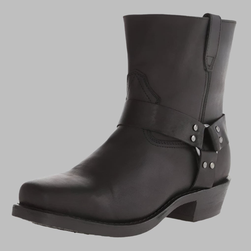 Men's Leather Ankle Boots with Harness Strap Western Style - Black