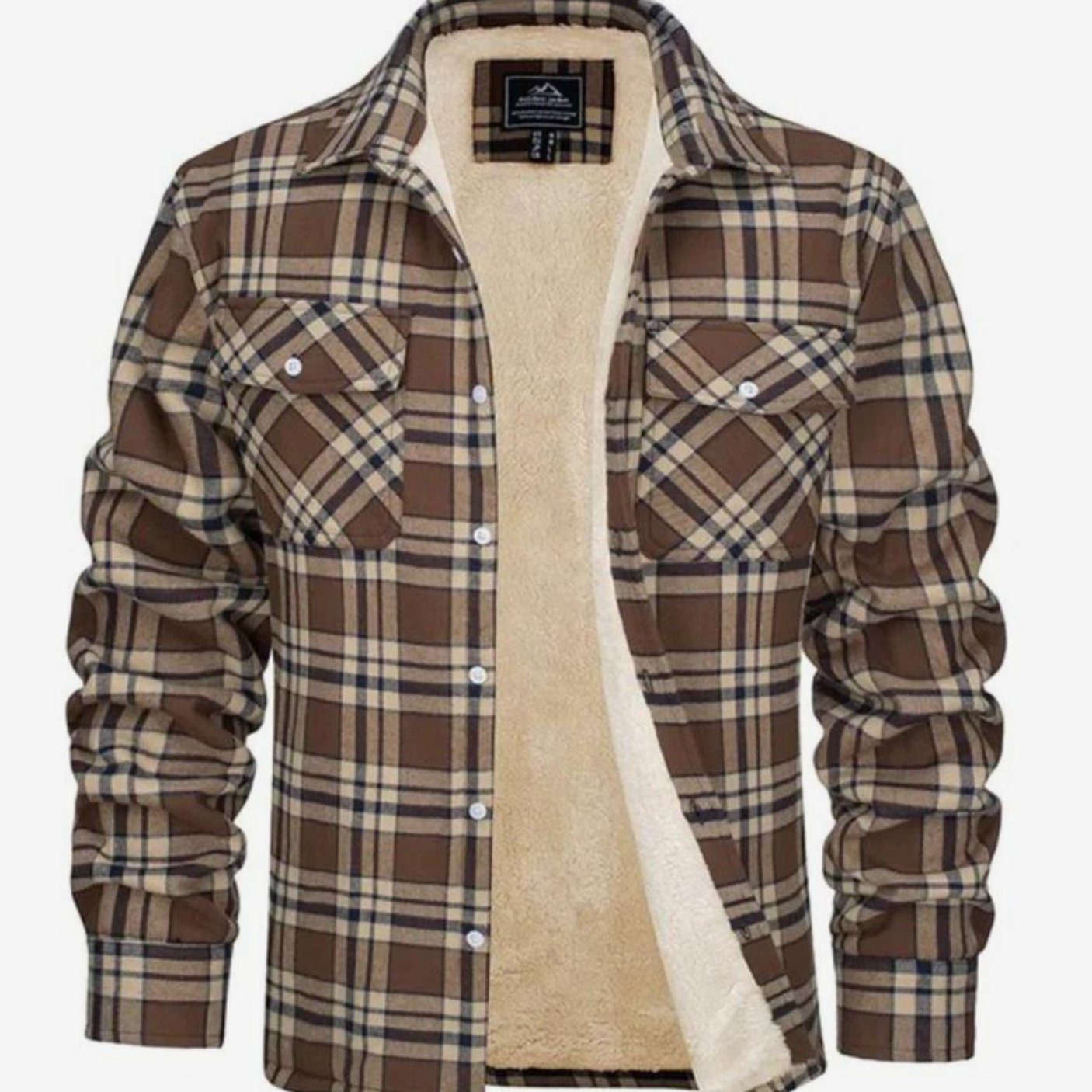 Mens Light Jacket Sherpa Lined Plaid Shirt Jacket - Khaki