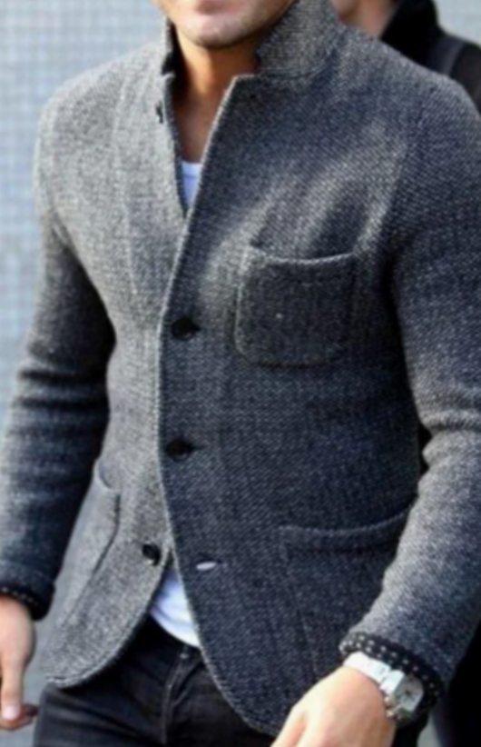Men's Light Jacket Stand-Collar Button-Down Casual Blazer - Gray