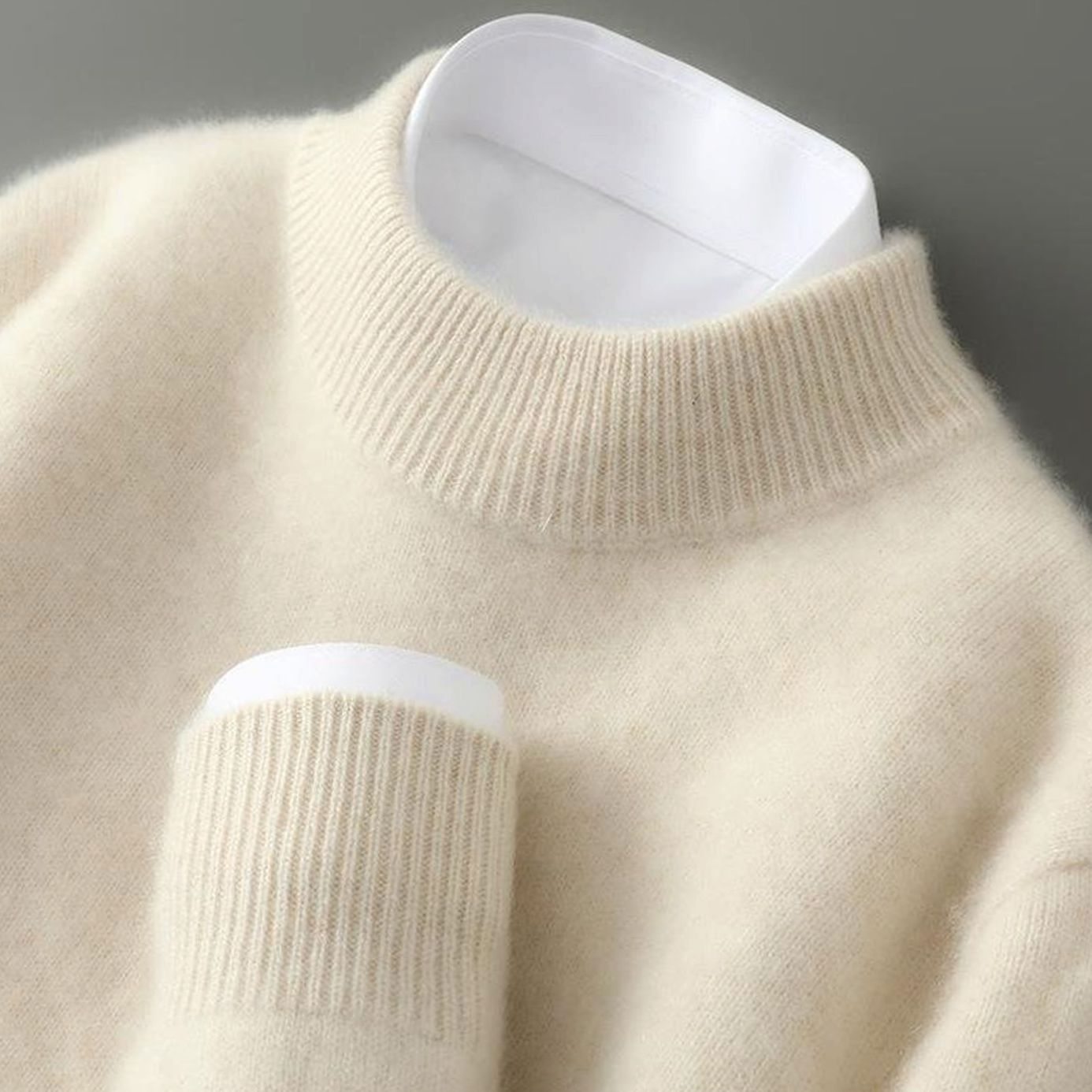 Men's Lightweight Sweater Fine-Knit Cashmere Crew Neck Pullover - Cream