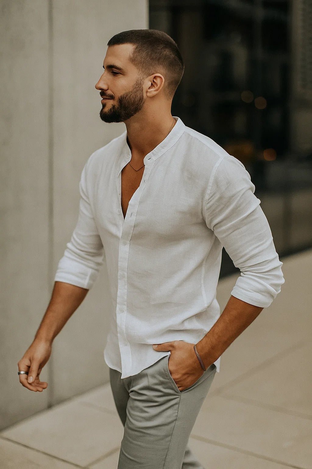 Men's Linen Grandad Collar Long Sleeve Casual Shirt