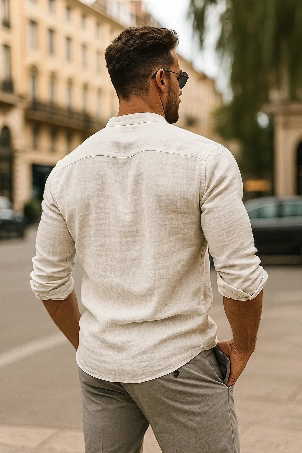 Men's Linen Grandad Collar Long Sleeve Casual Shirt