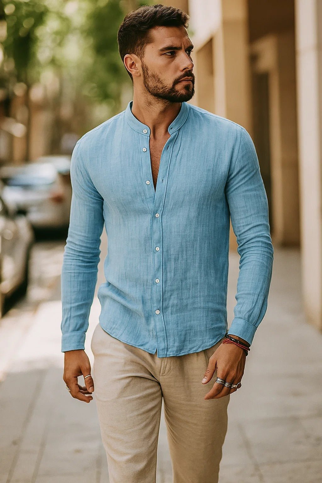 Men's Linen Grandad Collar Long Sleeve Casual Shirt - Light Blue