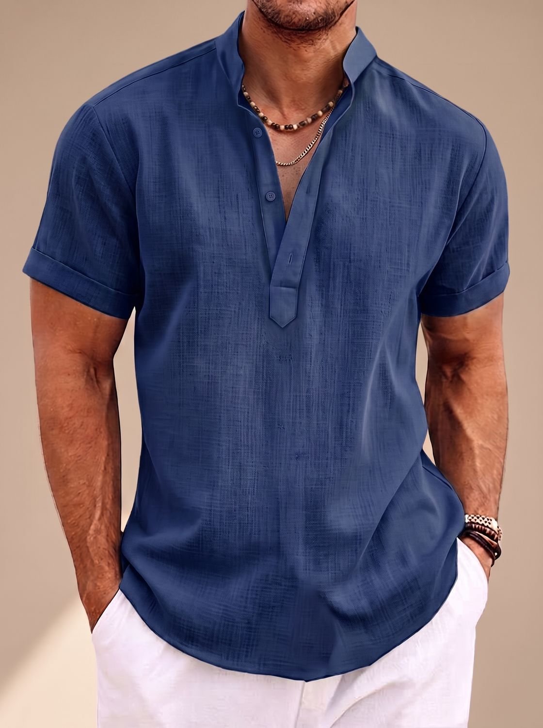 Men's Linen-Look Short-Sleeve Henley Shirt - Blue